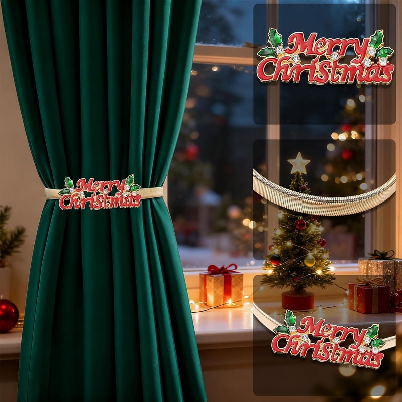 LLPMutu 4 Pack Christmas Curtain Tieback Buckle Aluminum Alloy Spring Design Curtain Holdback Carving Design Christmas Curtain Ties for Drapes Curtain Ties Backs Modern Christmas Decor (Merry Christmas) - Image 2